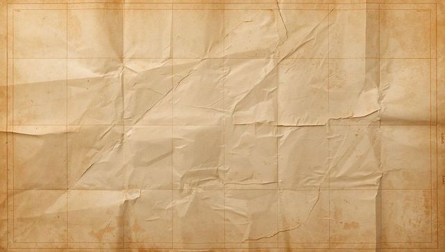 Aged parchment sheet with grid and decorative border, wrinkled vintage paper texture sepia