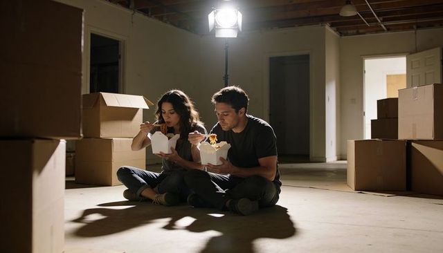 Couple eating takeout noodles while unpacking in empty home during move and renovation