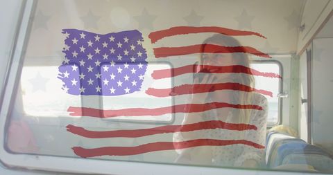 American Road Trip with Flag Overlay Reflecting Freedom Spirit