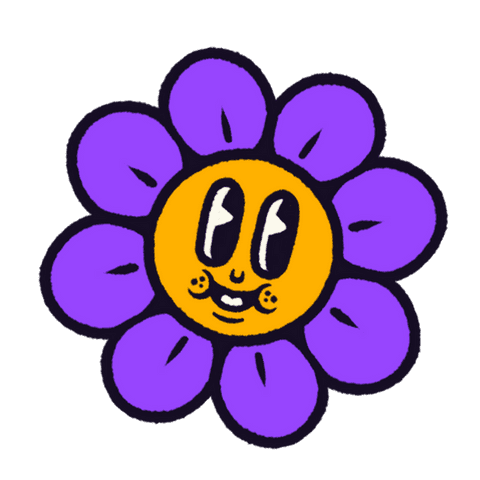 Cheerful Cartoon Flower with Purple Petals on Transparent Background