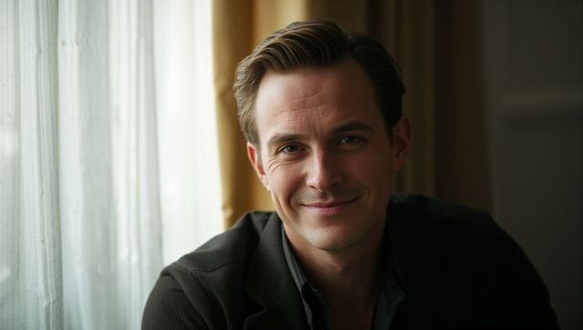 Calm professional man gazing by window with soft natural light intimate interior portrait