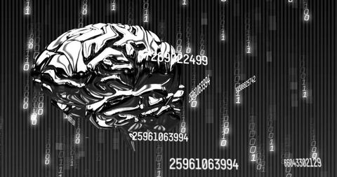 Chrome Brain Hovering Among Streaming Binary Data Representing AI Neural Network Processing