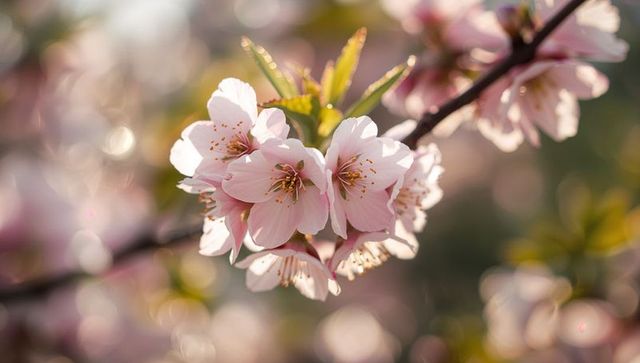 Pale Pink Cherry Blossom Cluster Close-up on Dark Branch with Soft Bokeh Light