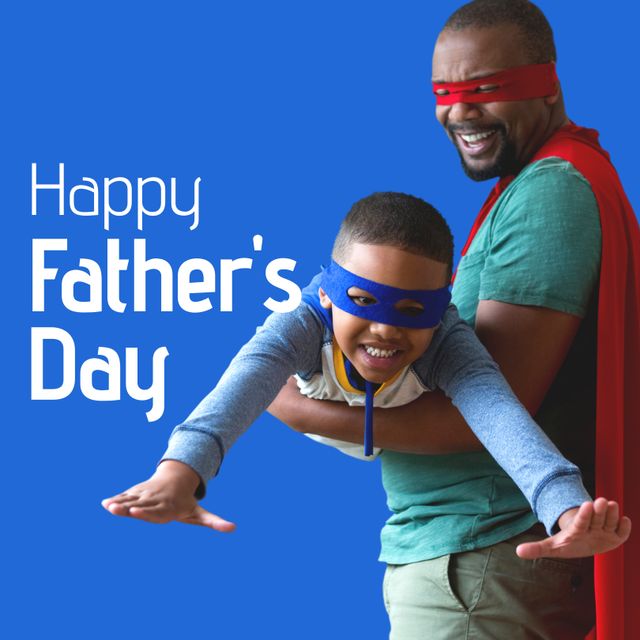 This image shows an African American father and son dressed as superheroes, celebrating Father's Day together. It is perfect for promotional materials related to Father's Day, family bonding, and holiday celebrations. Great for social media posts, greeting cards, and advertising campaigns aimed at creating happiness and joy.