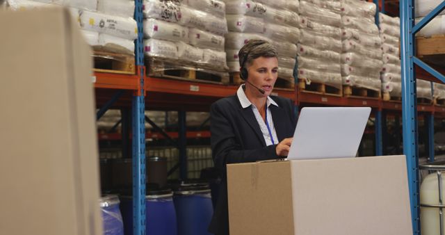 Warehouse Manager Using Laptop and Headset in Storage Facility - Download Free Stock Images Pikwizard.com