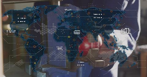 Industrial technician gripping vise and clamping metal part with global network interface overlay