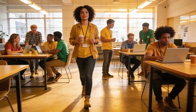Walking woman leading coworking workshop carrying two coffees while wearing lanyard