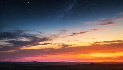 Twilight milky way stretching over colorful sunset horizon and rolling rural fields at night