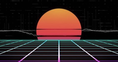Retro Futuristic Landscape with Neon Grid and Rising Sun