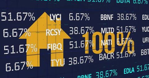 Digital Financial Dashboard with Stock Ticker and Rising Golden Arrow
