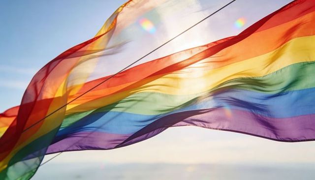 Sunlit pride rainbow flag waving over calm ocean horizon with translucent fabric
