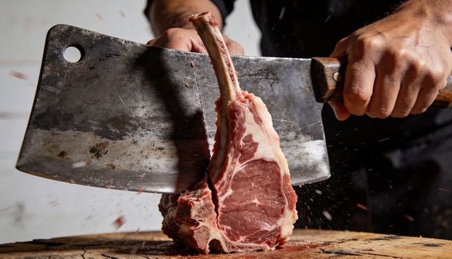 Butcher chopping tomahawk ribeye steak with cleaver on wooden block, dramatic meat prep