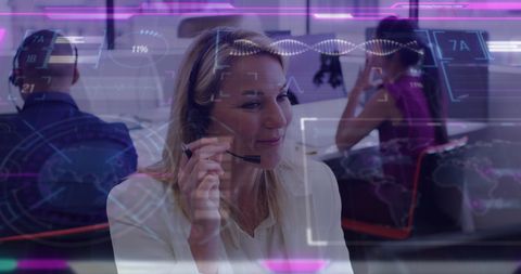 Businesswoman utilizing data analytics in modern office technology