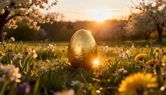 Glowing golden egg resting in spring meadow at sunset with wildflower sunstar