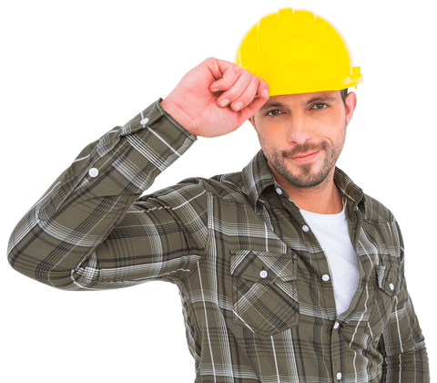 cheerful construction worker in plaid shirt adjusting yellow hard hat - Download Free Stock Videos Pikwizard.com