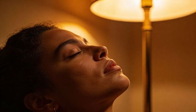 Reclining woman soaking warm lamp glow, intimate profile with hoop earring