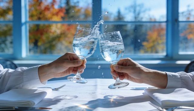 Clinking water glasses in sunlit window dining moment with splashing water and autumn bokeh