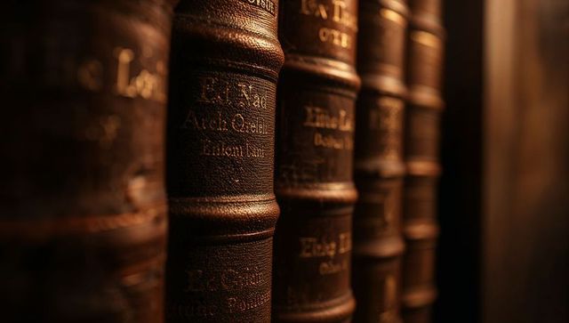 Antique leather book spine glowing under warm light, raised bands and gilded text