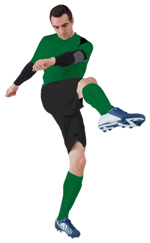 Football player in green uniform kicking ball with transparent background