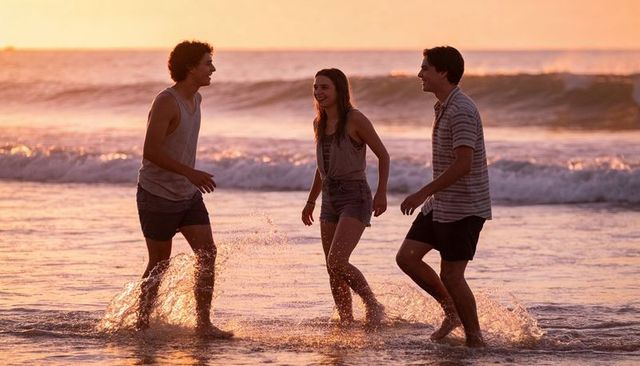 Three friends splashing in shallow surf at golden sunset, laughing and walking on beach