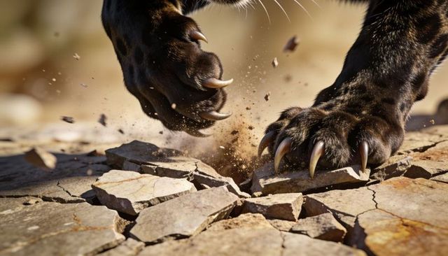 Big-cat paws rending cracked desert rock, claws driving dust and sunlit stone debris