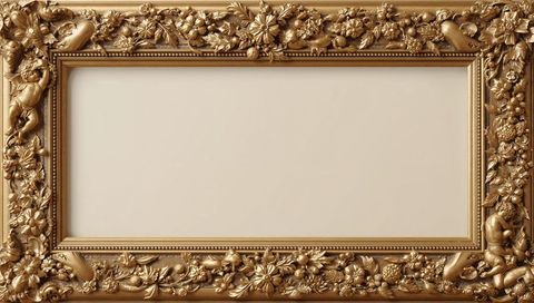 Ornate gilded rectangular frame featuring cherubs, acanthus leaves and fruit carvings