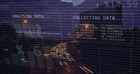 Financial Data Processing Overlaying Cityscape at Night