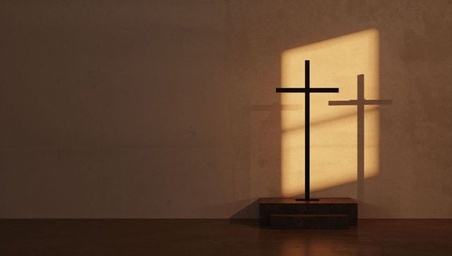 Cross Silhouette in Sunlit Chapel Interior Offers Serenity and Reflection