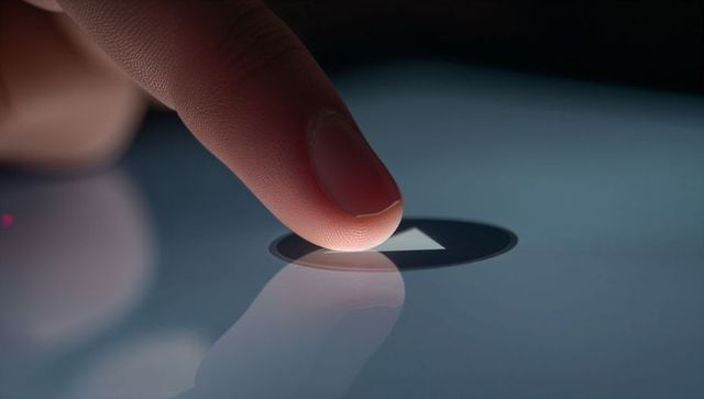 Tapping Play Icon on Glossy Touchscreen Closeup with Reflecting Fingerprint