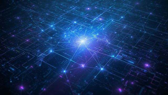Neon data nexus radiating central pulse across holographic circuit grid