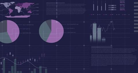 Violet data dashboard visualizing global analytics with pie charts and candlestick graphs