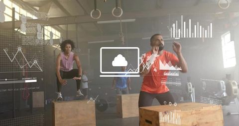 High-tech group fitness training with data overlays and cloud analytics in industrial gym