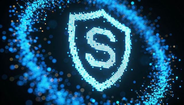 Protecting pixel shield forming letter s in futuristic blue particle cybersecurity ring