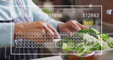 Smart kitchen ar overlay showing hands preparing fresh salad with greens and vegetables