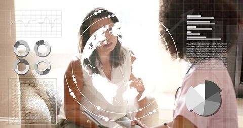 Woman consulting therapist in bright clinic with digital health analytics overlays