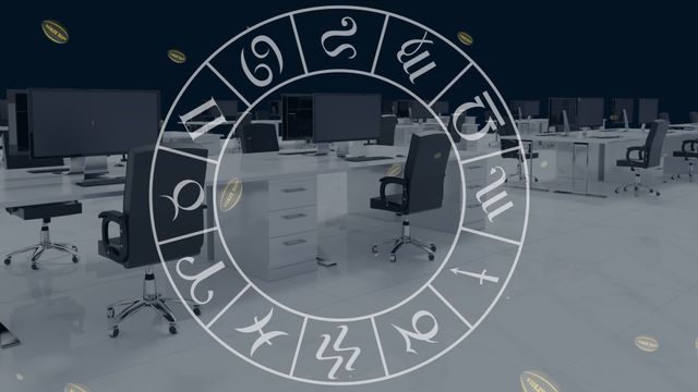 Illustration illustrates the integration of astrology and modern office workplace. Suitable for presentations on spirituality in the workplace, horoscope predictions annd modern office design.