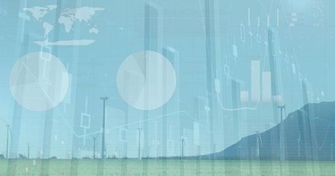 Wind Turbines with Data Overlay and Mountain Backdrop