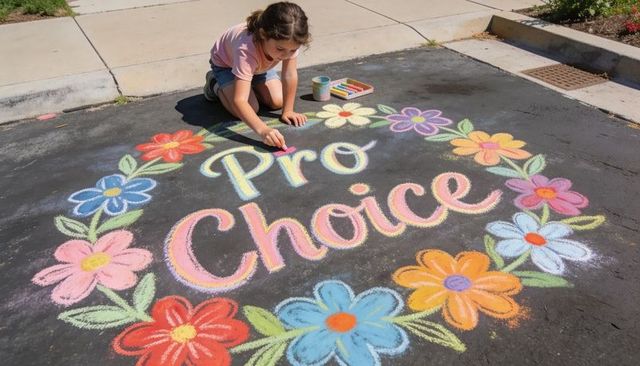 Young girl drawing colorful pro choice chalk wreath on driveway celebrating rights