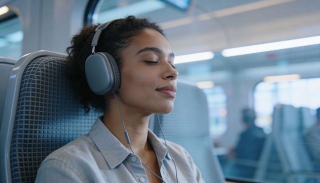 Young woman relaxing with headphones on commuter train, enjoying calm travel and focus