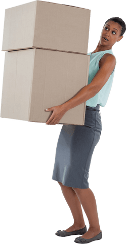 Businesswoman carrying heavy boxes transparent background