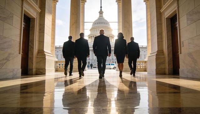 Political delegation walking toward us capitol through marble columns with reflective floor