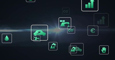 Neon green sustainability dashboard icons floating on dark UI for emissions energy analytics