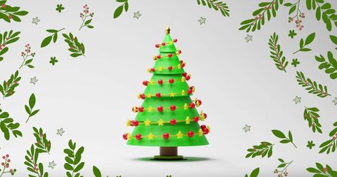 Festive Green Christmas Tree with Ornaments and Holiday Leaves