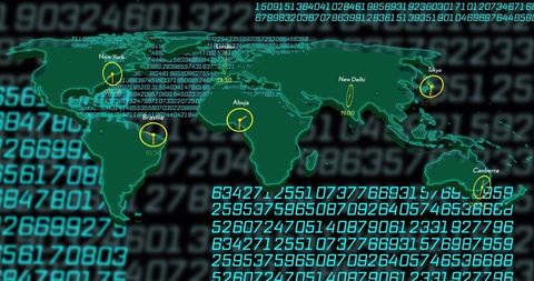 Neon World Map Overlaying Streaming Numeric Code Showing Global Timezone Analog Clocks