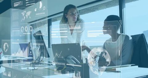 Businesswomen collaborating with innovative holographic technology