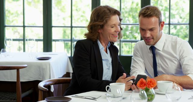 Business Colleagues Discussing Work Over Lunch in Bright Restaurant - Download Free Stock Images Pikwizard.com