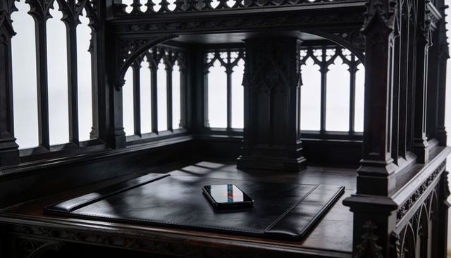 Modern smartphone reflecting color stripe on leather blotter at gothic carved desk