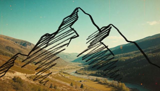 Sunlit mountain valley featuring hand-drawn sketch overlay, winding river and road