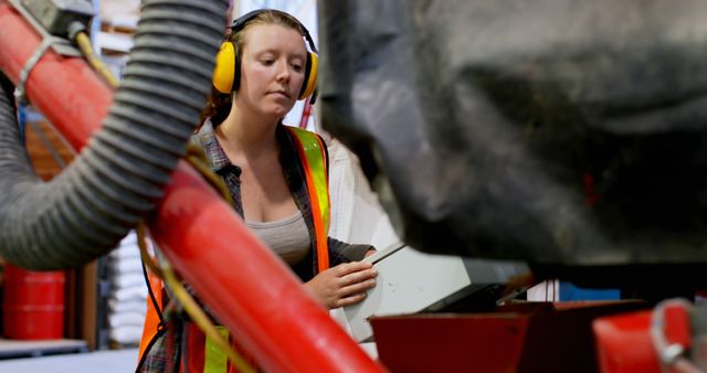 Focused Female Worker Operating Heavy Machinery in Factory - Download Free Stock Images Pikwizard.com