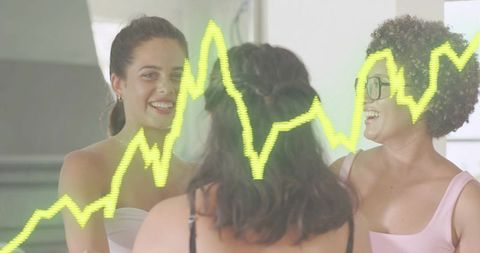 Diverse Women Team Laughing in Studio with Neon Waveform Overlay and Mirror Reflection